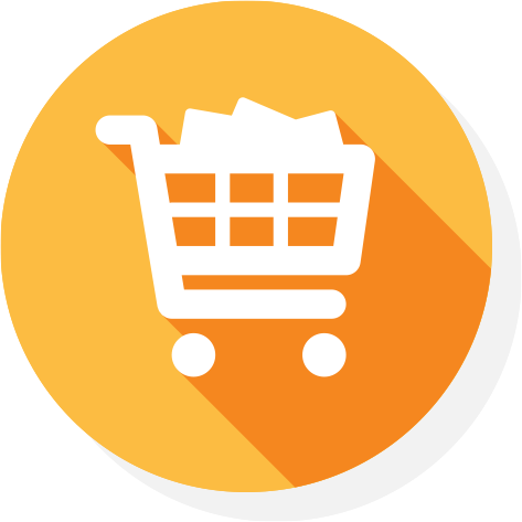 a white icon of a shopping trolley with groceries on yellow background