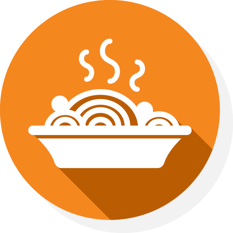 a white icon of a plate of steaming pasta on orange background