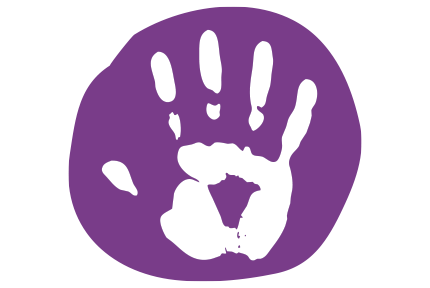 white hand print on a hand drawn purple circle