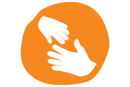 an adult and a child's hand reaching out on a hand drawn orange circle