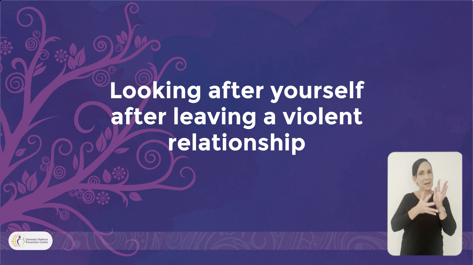 White words, Looking after yourself after leaving a violent relationship, on a purple background