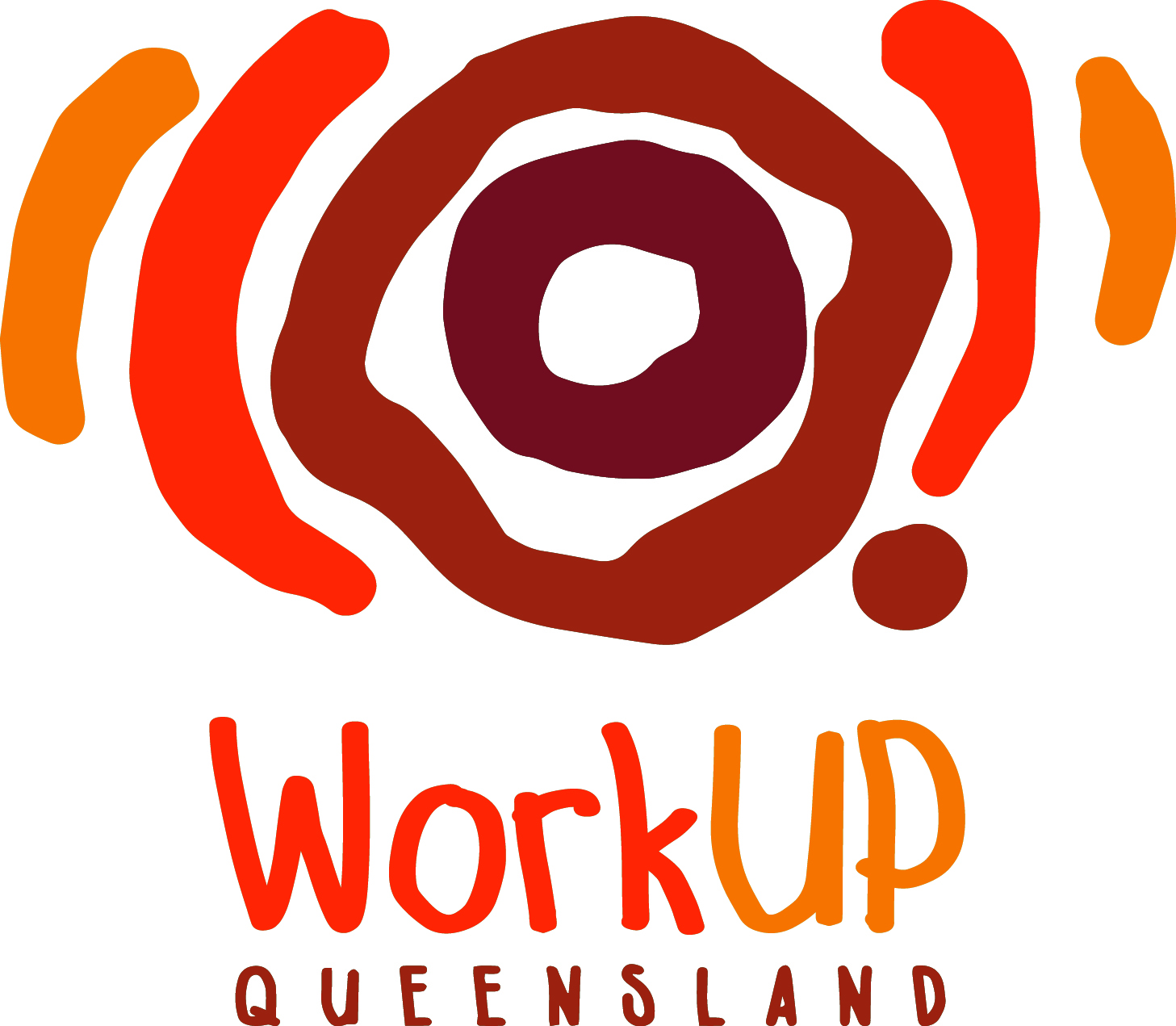 WorkUP Queensland logo with circles in red, brown, burgundy and orange